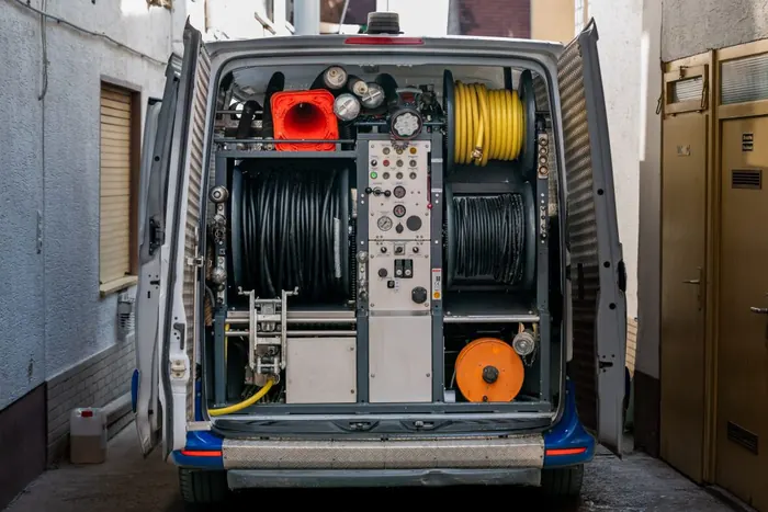 Servicefahrzeug mit Kanalinspektions- und Spültechnik in einer Gasse