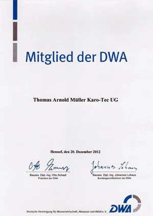 Mitgliedsurkunde der DWA für Thomas Arnold Müller KARO-Tec UG