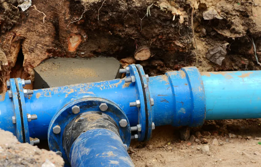 Freigelegte Rohrleitung mit Flanschverbindung in einer Baugrube