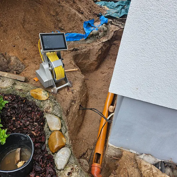 Kanalkamera mit Monitor an der offenen Baugrube mit Abwasserrohr in Kuhardt