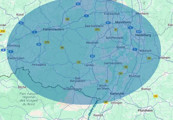 Karte des Einsatzgebiets von KARO-Tec zwischen Kaiserslautern, Mannheim, Heidelberg, Karlsruhe und Pirmasens