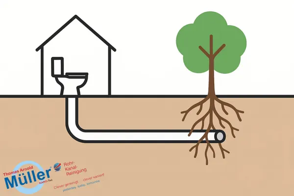 Illustration: Baumwurzeln wachsen in die Abwasserleitung eines Hauses