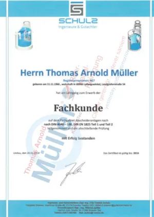 Fachkunde-Nachweis Fettabscheideranlagen DIN 4040 und 1986, Thomas Müller, Schulz Ingenieure und Gutachter, bestanden 2014