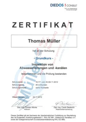 Teilnahmezertifikat Grundkurs Inspektion von Abwasserleitungen und Kanälen, Thomas Müller, bestanden 2012