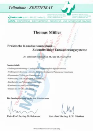 Zertifikat von Thomas Müller zur praktischen Kanalisationstechnik und zukunftsfähigen Entwässerungssystemen, ausgestellt von der Lindauer Seminarreihe 2015