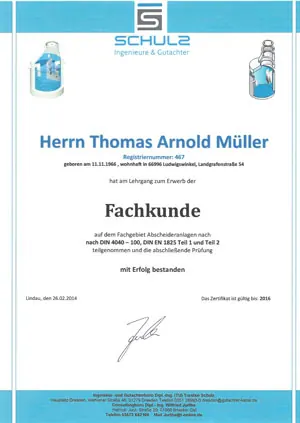 Fachkunde-Nachweis Abscheideranlagen von Schulz Ingenieure für Thomas Arnold Müller