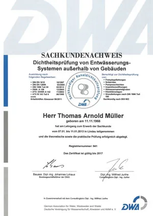 DWA-Sachkundenachweis für Dichtheitsprüfungen von Entwässerungssystemen, Thomas Arnold Müller