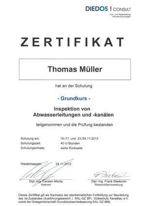 Zertifikat Grundkurs Inspektion von Abwasserleitungen und -kanälen, Thomas Müller